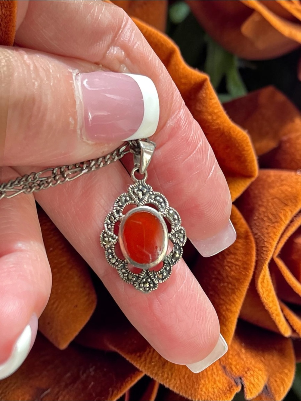 Art Deco Style Sterling Silver Carnelian Marcasite Filigree Pendant Necklace